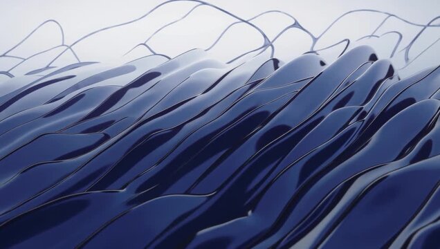 Abstract metallic blue ripples with sharp fluid curves and glossy wave folds background
