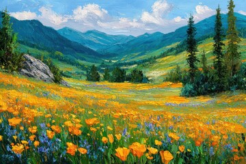 Naklejka premium Vibrant mountain meadow with colorful wildflowers.