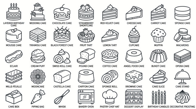 Premium vector outline icon pack featuring a diverse collection of delicious cakes, pastries, and baking tools, ideal for digital design projects and culinary branding