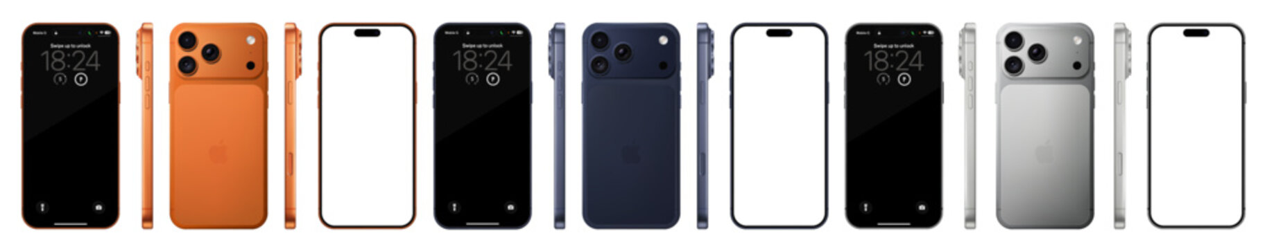 Photorealistic detailed Apple Iphone 17 Pro Max lineup mockup: Cosmic Orange, Deep Blue, Silver. Front, rear and side view on isolated on transparent background. Vector editorial illustration