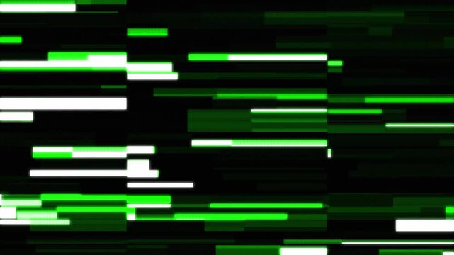 Green digital glitch screen with horizontal broken signal artifacts. Abstract electronic interference pattern for cyber security and futuristic data error technology