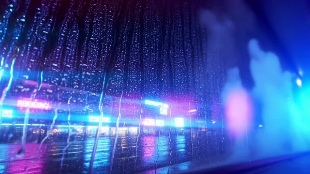 Neon rain on city streets with vibrant lights and reflections at night