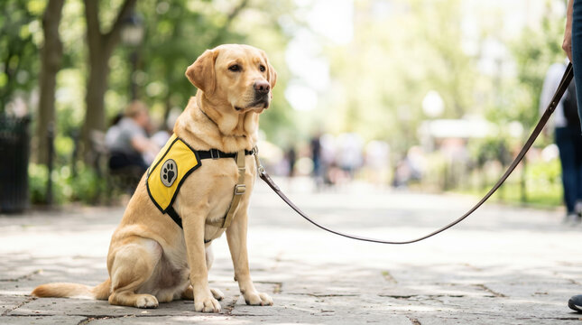 Service dog wearing yellow vest sitting calmly in park beside handler. Skilled service dog in yellow vest demonstrates loyalty and training in busy public space.