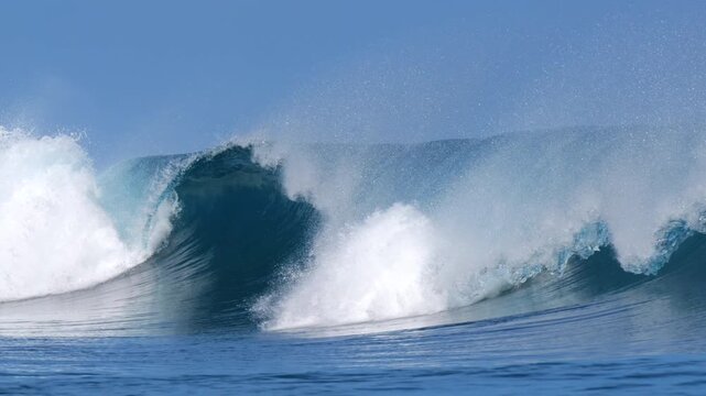 CLOSE UP, SLOW MOTION: Glassy and empty tropical wave breaks with its lip feathering under offshore wind. Polished water surface, deep blue tones and raw ocean energy of a reef break in Indonesia.