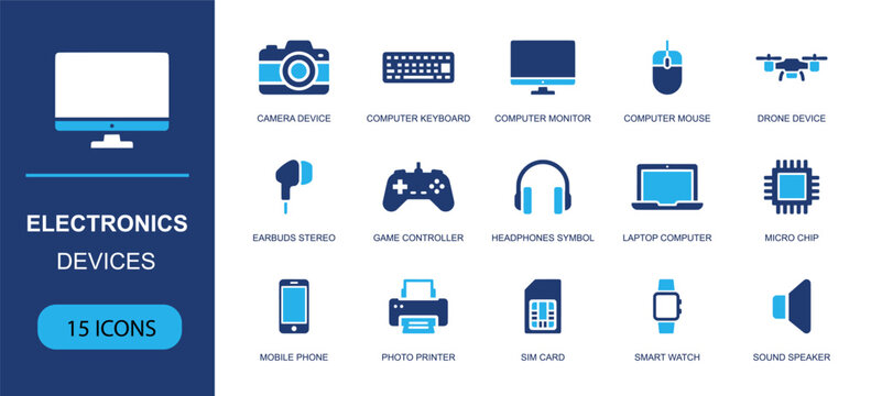 Electronics devices icon set. Containing camera device, keyboard, computer monitor, mouse, drone, game controller, laptop, mobile phone, smart watch and more. Solid fill vector icons.