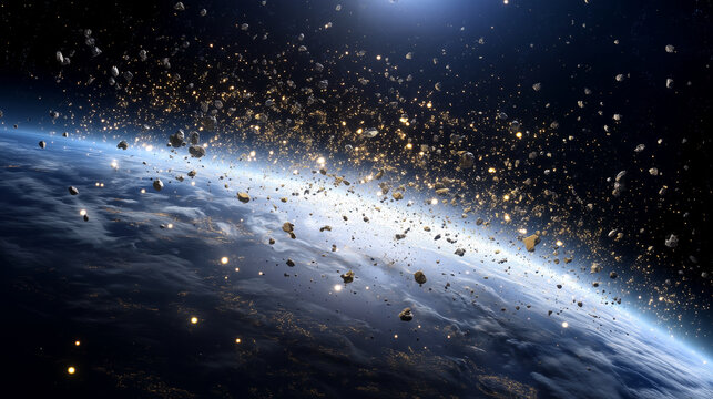 Earth Orbit Space Debris Field Above Blue Planet, Satellite Wreckage and Asteroid Fragments in Deep Space, Global Technology Risk, Orbital Collision, Cosmic Danger, Space Explorati