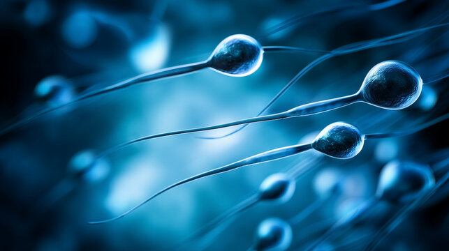Human Sperm Cells Under Microscope in Blue Fluid, Male Fertility Testing, Reproductive Medicine, IVF Laboratory, Semen Analysis, Infertility Diagnosis, Biological Science Backgroun
