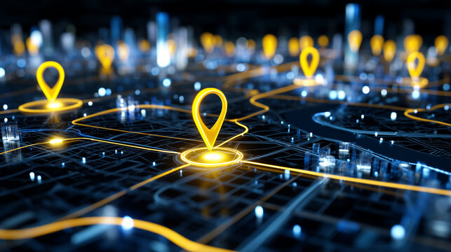 Glowing GPS Pins on Futuristic 3D City Map, Smart Urban Navigation Network, Location Services, Route Optimization, Delivery Tracking, Connected City Technology Background Stock Ima