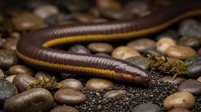 Caecilian with yellow stripe on gravel and moss