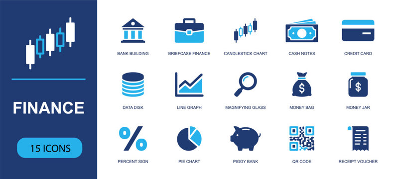 Finance icon set. Containing bank building, briefcase, candlestick chart, cash notes, credit card, money bag, piggy bank, percent sign, receipt voucher and more. Solid fill vector icons.