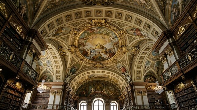 Stunning Baroque Library Ceiling Fresco Painting with Gold Ornate Architecture Grand Bookshelves and Luxury Chandeliers Interior Visual Art
