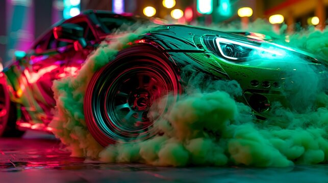 Cinematic burnout scene: a car hidden in luminous green smoke under a fiery golden sky at dusk