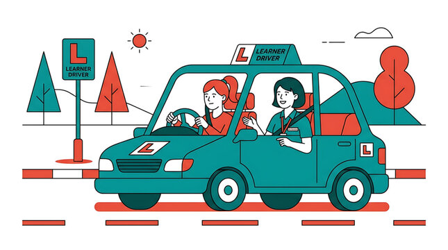 Driving instructor teaching a young woman to drive a car, learner driver concept, flat vector illustration