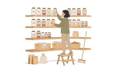 Fototapeta premium Woman organizing pantry shelves with glass jars of dry food, standing on a step stool