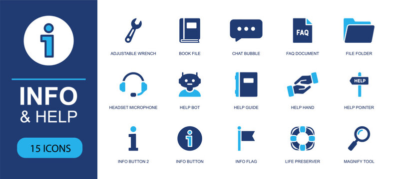 Info and help icon set. Containing adjustable wrench, book file, chat bubble, FAQ document, file folder, help bot, info button, life preserver, search tool and more. Solid fill vector icons.