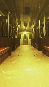 The subway train is empty and features wooden benches and warm lights. The scene shows a clean, well maintained space with no passengers present. The train runs in the evening.