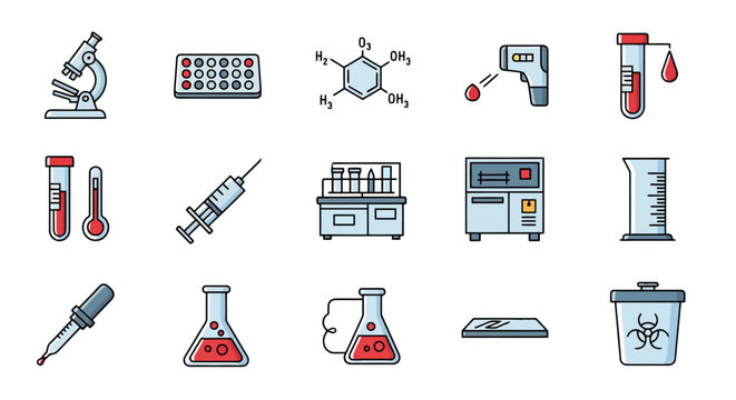 Collection of scientific laboratory equipment and symbols.