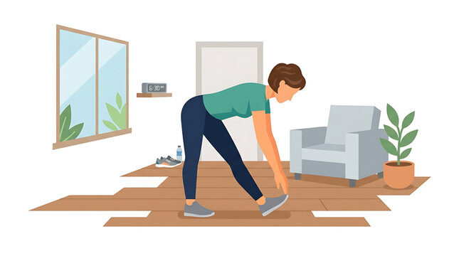 Woman doing a standing hamstring stretch in a living room