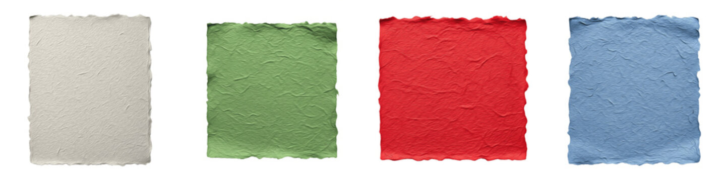 Vintage Handmade Torn Paper Sheets Set Isolated on Transparent Background: Green, Red, Blue, and White Deckle Edge Cotton Rag Sheets for Scrapbooking, Wedding Invitation, Watercolor Painting, and Text