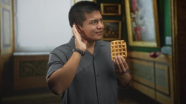 Man holds waffle and cups his ear in a building while listening and presenting the snack; curiosity snack testing.