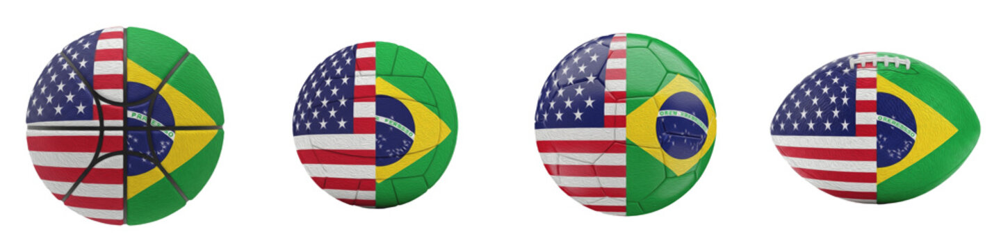3D Realistic Sports Balls with Dual USA and Brazil Flag Design: Isolated Basketball, Soccer Ball, Volleyball, and Rugby Ball Set for International Match, Global Tournament, Sports Competition, and Cul