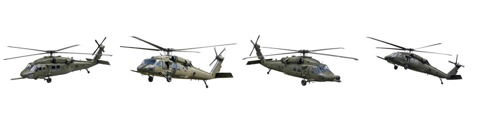 Set of military transport helicopters isolated on white background, 3D render utility aircraft collection in different flight angles, tactical army aviation asset bundle for search and rescue or comba © G. Ramos