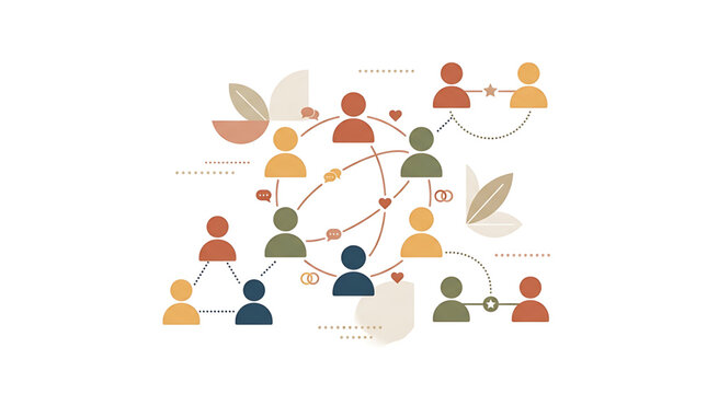 Abstract illustration of a social network with interconnected people icons and communication symbols