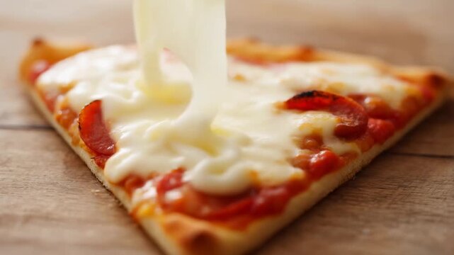 Gooey cheese drizzle over pepperoni pizza slice on wooden surface