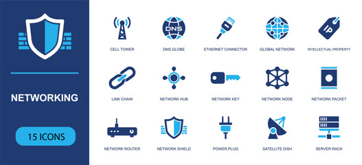 Networking security icon set containing cell tower, DNS globe, ethernet connector, network hub, router, shield, server rack, satellite dish, power plug and more, solid fill vector icons. © Ella