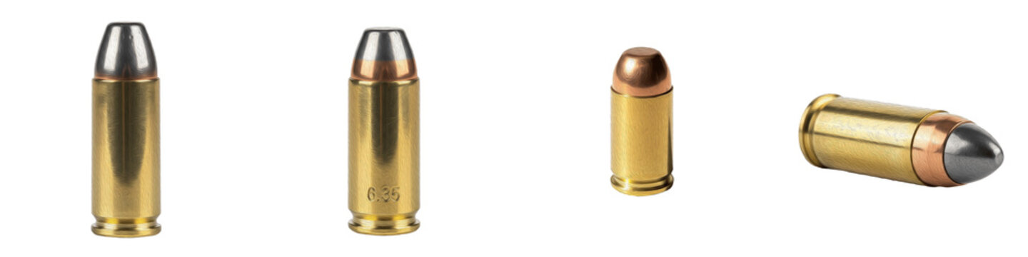 Collection of handgun bullets and pistol ammunition cartridges with brass casings isolated on white background, set of tactical firearm ammo rounds for self defense and law enforcement, isolated gun c