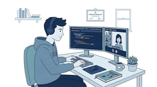 Young man studying web development online at home with dual monitors and headphones