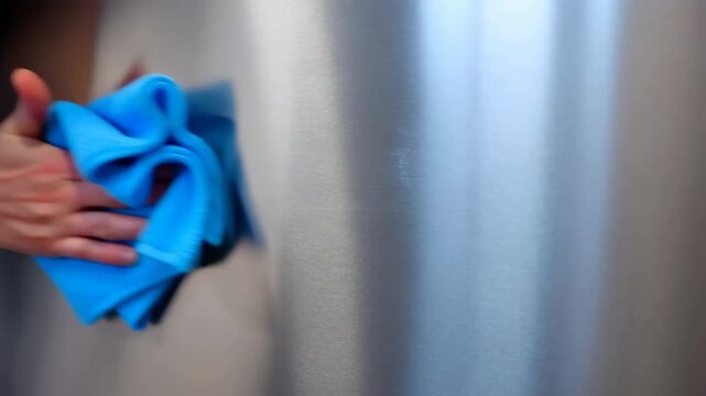 Polishing stainless steel with blue cloth in smooth motion sequence