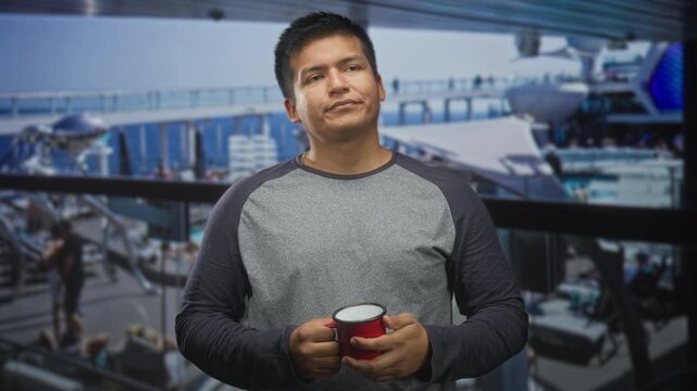 Man holding red mug with hands, hand to head gesture and closed eyes, wearing grey raglan shirt, standing before ship terminal mural in a building; serenity.