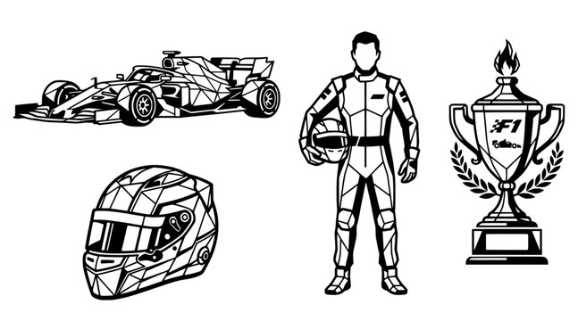 Formula 1 Racing and Motorsport Vector Icon Set - Race Car, Driver, Steering Wheel, Trophy, helmet, and Checkered Flag Line Art