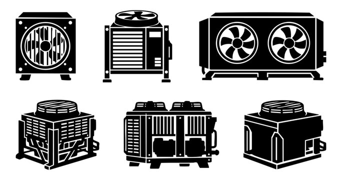 Air conditioner outdoor units icon set. Industrial and residential HVAC compressor systems silhouette vectors.