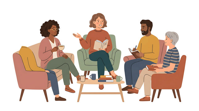 Diverse group of people sitting in a circle for a book club meeting or therapy session, discussing and taking notes