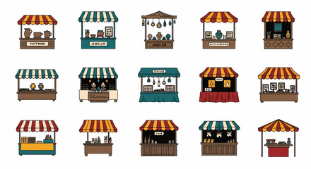 Naklejka premium Collection of Various Market Stalls and Booths Displaying Goods.