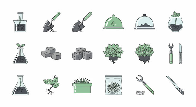 Gardening Tools and Plants Illustration Set.