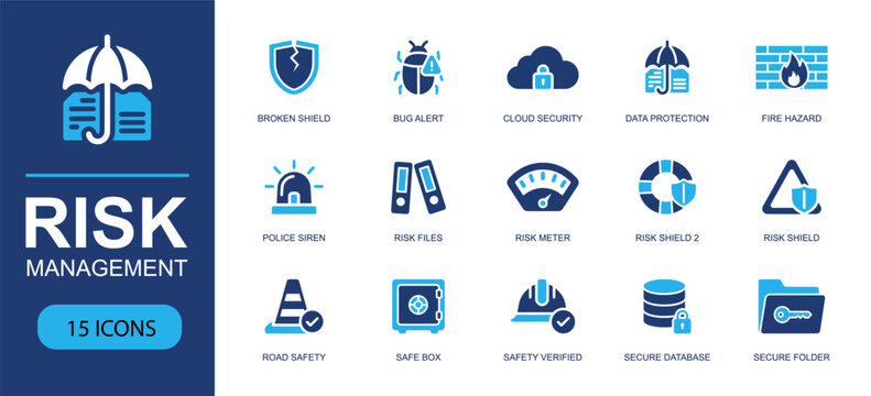 Risk management icon set. Containing shield, bug, cloud security, data protection, risk meter, safe box, road safety, secure database, secure folder and more. Solid fill vector icons.