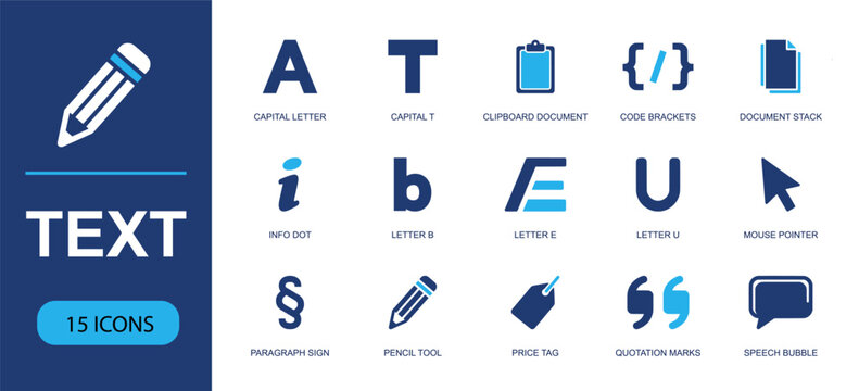 Text editing icon set containing letters, clipboard, code brackets, document stack, mouse pointer, paragraph sign, pencil, quotes, speech bubble and more, solid fill vector UI icons.