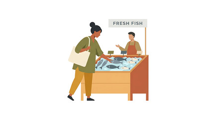 Fototapeta premium A woman shopping for fresh fish at a market stall