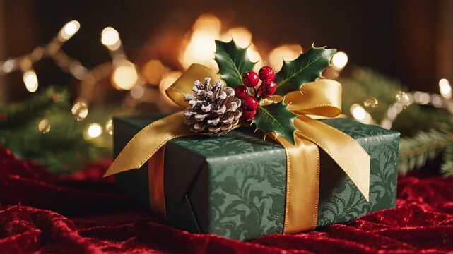 Elegant Christmas gift box on red velvet with warm lights