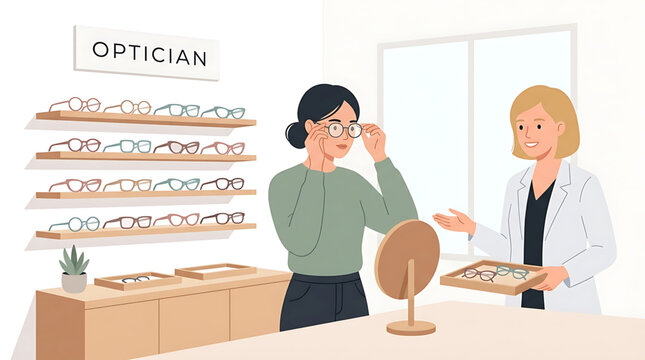 Optician helping a customer choose new glasses in an optical store
