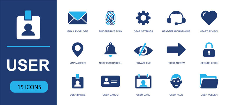 User profile icon set. Containing email envelope, fingerprint scan, gear settings, headset, heart symbol, map marker, notification bell, private eye and more. Solid fill vector icons.