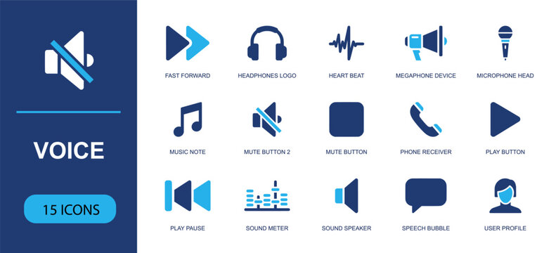 Voice icon set. Containing fast forward, headphones, heart beat, megaphone, microphone, music note, mute button, phone receiver, sound meter and more. Solid fill vector audio icons.