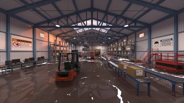 浸水した倉庫　3DCGレンダリング
