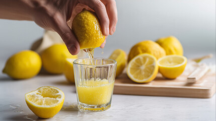 Hand squeezing fresh lemon into glass, homemade lemon juice preparation, citrus fruit extraction, healthy vitamin C drink, fresh organic ingredients, natural cooking process, refre
