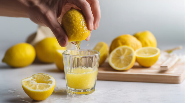 Hand squeezing fresh lemon into glass, homemade lemon juice preparation, citrus fruit extraction, healthy vitamin C drink, fresh organic ingredients, natural cooking process, refre