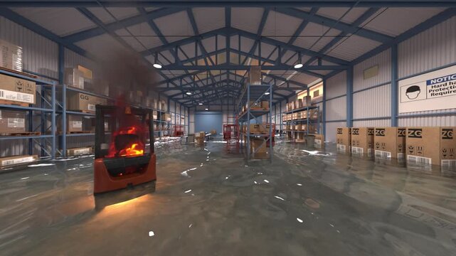 浸水した倉庫　3DCGレンダリング