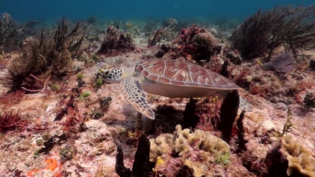 Baby Green turtle (chelonia mydas) looking for food in the reef